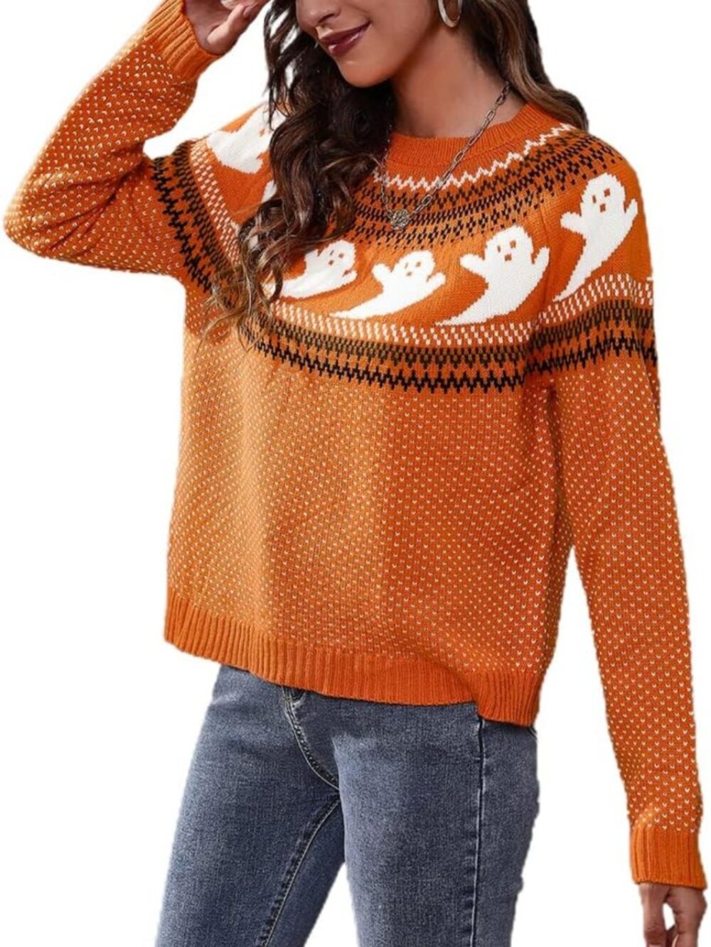 Casual Leopard Print Knitted Pullover Sweater - Long Sleeve Crew Neck Jumper - Picture 2 of 5
